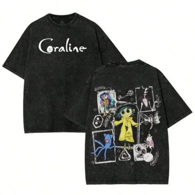 Men's and Women's Black Washed Coraline Retro Distressed Washed Spooky Creature Collage Dark Horror Graphic Tee Short Sleeve Crewneck Cotton Top for Occult Witchy Streetwear Enthusiasts and Daily Casual Wear