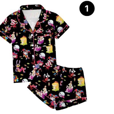 Women's Cute Circus Character Pajamas Set, Funny Magic Monster Pattern Button Sleepwear, Soft 2-Piece Short Sleeve Summer Home Wear, Loungewear