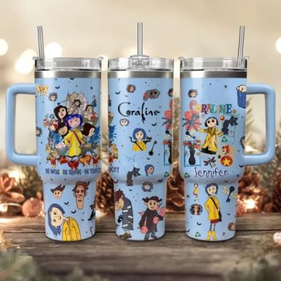 Coraline 40oz Tumbler Stainless Steel with Straw, Double Wall Insulated, With Handle – Epic Cartoon Movies Series Design, Perfect Gift for Fans