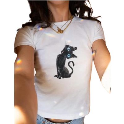 Women's Coraline-Inspired Black Cat Cotton T-Shirt - Lady's Casual Comfortable Crewneck Top for Cat Lovers