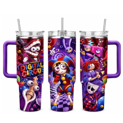 1 Pc 40oz The Amazing Digital Circus Colorful Cartoon Insulated Tumbler with Handle, Double Wall Vacuum Travel Mug, Flasks, Cute Character Design Coffee Cup, Perfect for Office, School, Travel, Daily Use, Birthday, Christmas & Holiday Gifts