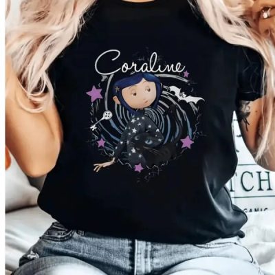 Coraline Inspired Cartoon Print T-Shirt - Crew Neck, Polyester Knit Fabric, Regular Length - Black Cat and Bats Design for All Season Wear