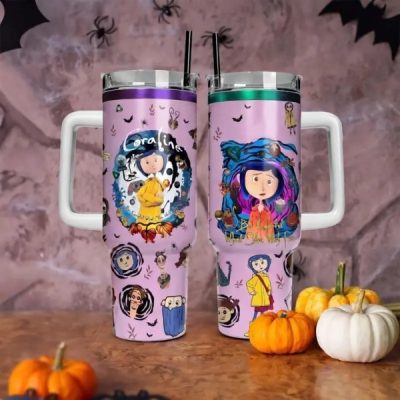 Coraline  40oz Tumbler Stainless Steel with Straw, Double Wall Insulated, With Handle – Epic Cartoon Movies Series Design, Perfect Gift for Fans