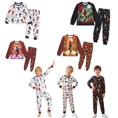 Kids' Halloween Print Long-Sleeve Pajama Set, Spooky Print Pajamas, Soft Fabric, Fall and Winter Sleepwear for Ages 5-14