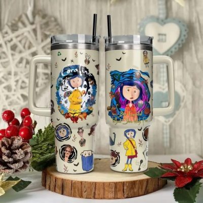 Coraline 40oz Tumbler Stainless Steel with Straw, Double Wall Insulated, With Handle – Epic Cartoon Movies Series Design, Perfect Gift for Fans
