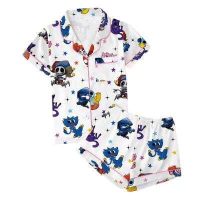 Teen Pajama Set, Cartoon Monster Print, Soft Cotton, Short Sleeve, Loose Fit, Casual Home Wear, Loungewear, Nightwear, Perfect for Overnight Parties