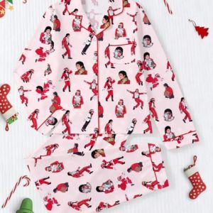 Christmas Theme 2-Piece Retro Dance Print Women's Pajama Set, Short Sleeve Button Shirt and Elastic Shorts, Elegant All-Season Sleepwear, Fitted Pajama Set